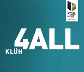 Klüh 4 All Logo mit zusätzlich dem german brand award '24 winner Logo oben rechts auf dem Bild
