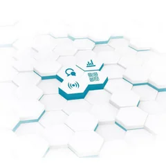 Eine Illustration von vielen aneinander stehenden weißen Hexagons und vier Hexagons haben blaue Icons: QR-Code, Balkendiagramm, Wireless Symbol, Chat-Sprechblasen