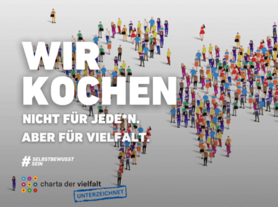 Weltkarte aus Menschen mit Überschrift "Wir kochen nicht für jede*n, aber für Vielfalt."