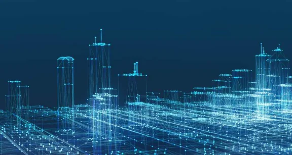 Dekoratives Bild in Blautönen, das die Vernetzung von Datenpunkten in einer Großstadt visualisieren soll.