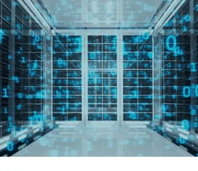 Ein Bild von einem Serverraum und auf dem Bild sind viele coderierungszahlen in baluer farbe