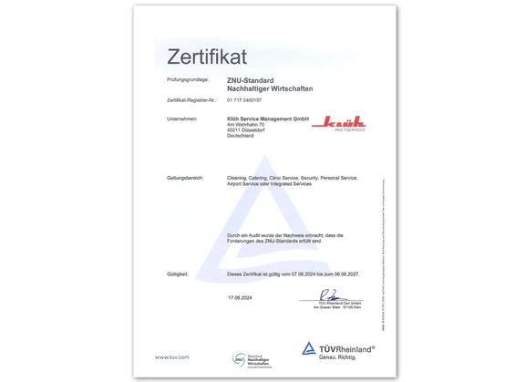 ZNU-Standard Nachhaltiger Wirtschafts Zertifikat ausgestellt an Klüh Service Management GmbH