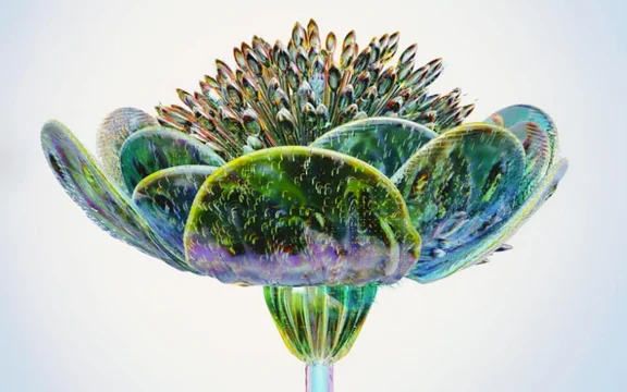 Nahaufnahme einer Kristallartigen Blume mit mehrlagigen Blüten mit grünen und bläulichen farbtönen