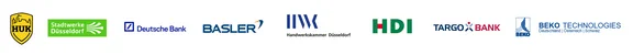 Acht Logos von Firmen: HUK, Stadtwerke Düsseldorf, Deutsche Bank, Basler, Handwerkskammer Düsseldorf, HDI, Targo Bank und Beko Technologies