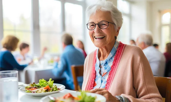 Bild von einer lächelnden Seniorin beim Mittagsessen