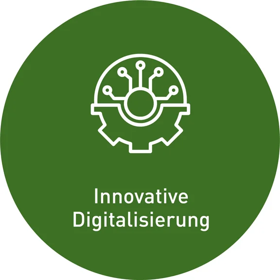 grünes kreisrundes Symbol mit weißer Innenschrift "Innovative Digitalisierung" und ein Zahnrad Icon
