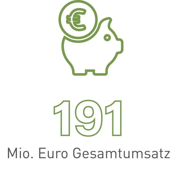 Eine Illustration in grüner farbe auf weißen Hintergrund von einem Sparschwein mit dem Untertitel "190,9 Mio. Euro Gesamtumsatz"