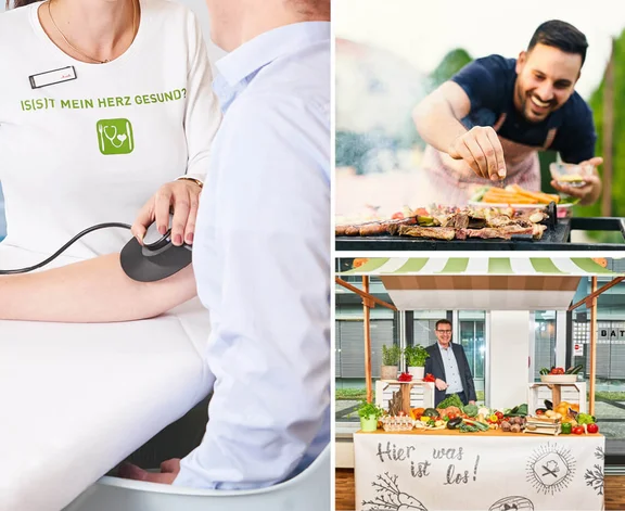 Eine Collage aus drei Bildern. Im ersten Bild sitzen eine lächelnde Frau mit einem weißen Klüh T-Shirt mit dem aufdruck: Is(s)t mein Herz Gesund ? und ein Mann im Hemd gegenüber, im zweiten Bild ist ein lächelnder Mann in Kochschürze am grillen, er hat Gemüse und Fleisch auf dem Grill. Im Dritten Bild ein Mann im Anzug hinter einem Gemüse Stand mit der Aufschrift: Hier ist was los!
